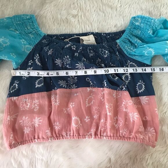 KOPAL Off The Shoulder Crop Top Cotton Short Sleeve Anthro Blue Pink Small‎ New - Picture 9 of 11